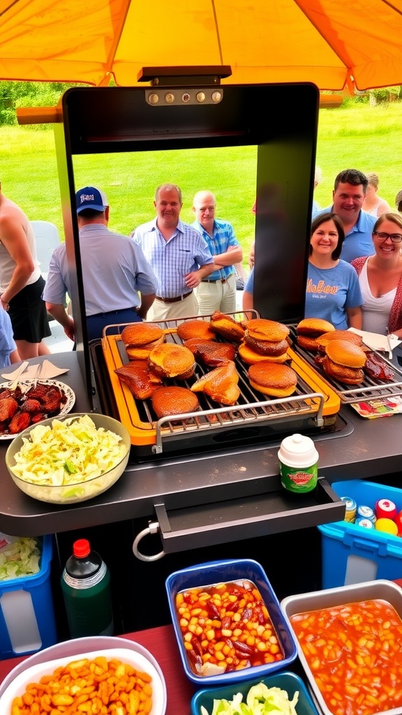 Outdoor barbecue with meats on the grill, side dishes on tables, and people enjoying the gathering.